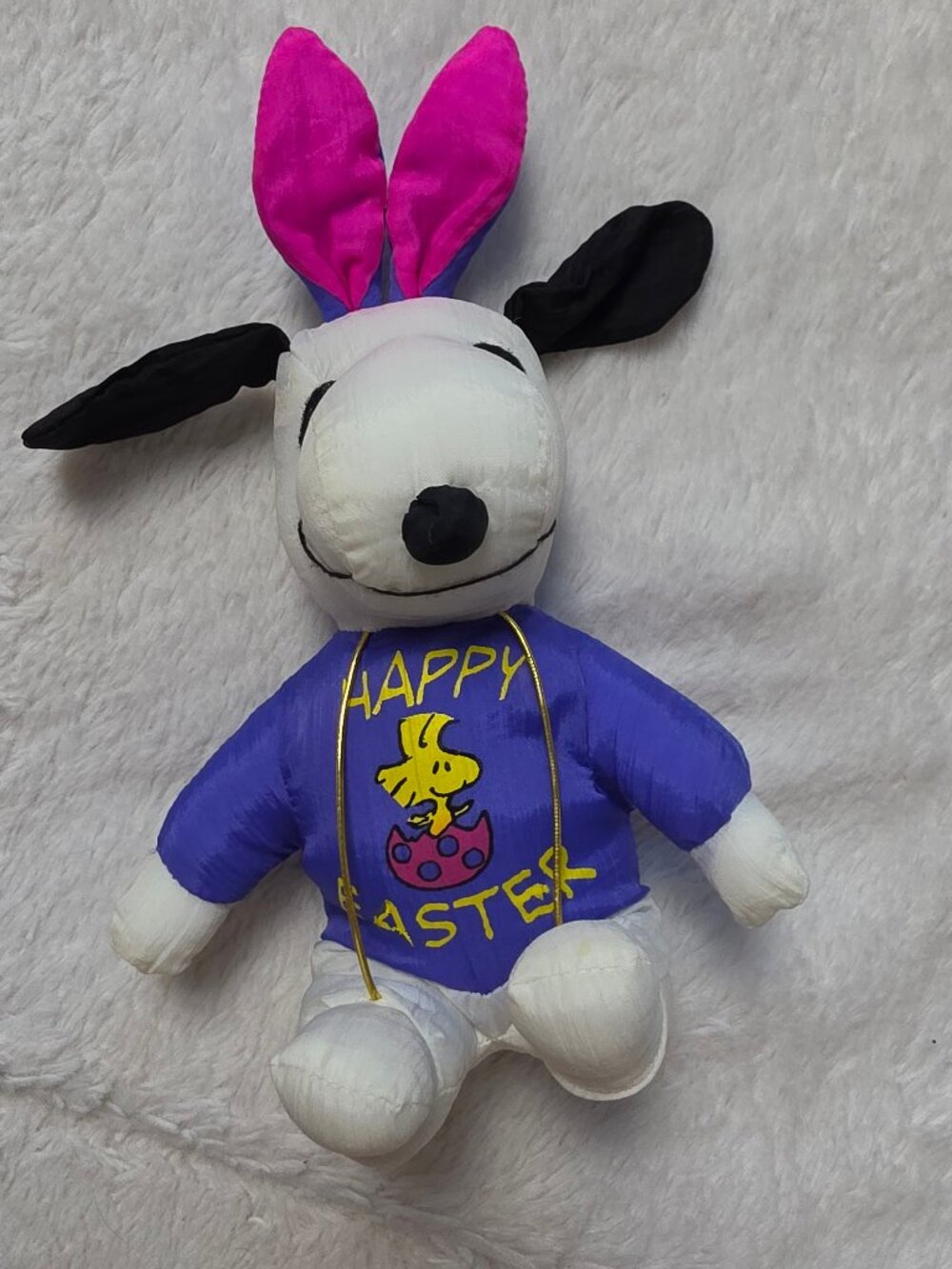 Peanuts Snoopy Happy Easter Plush 8" Purple Shirt Pink Bunny Ears Woodstock
